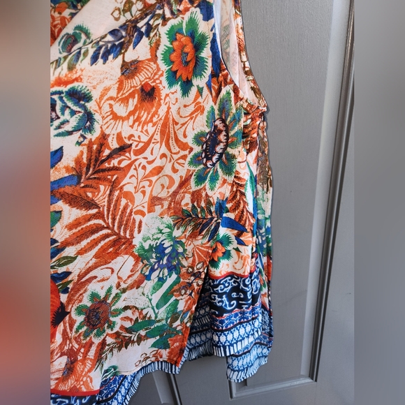 New Directions Curvy Top Blouse Plus 1X Orange Blue Sleeveless Sheer Overlay - Picture 4 of 9